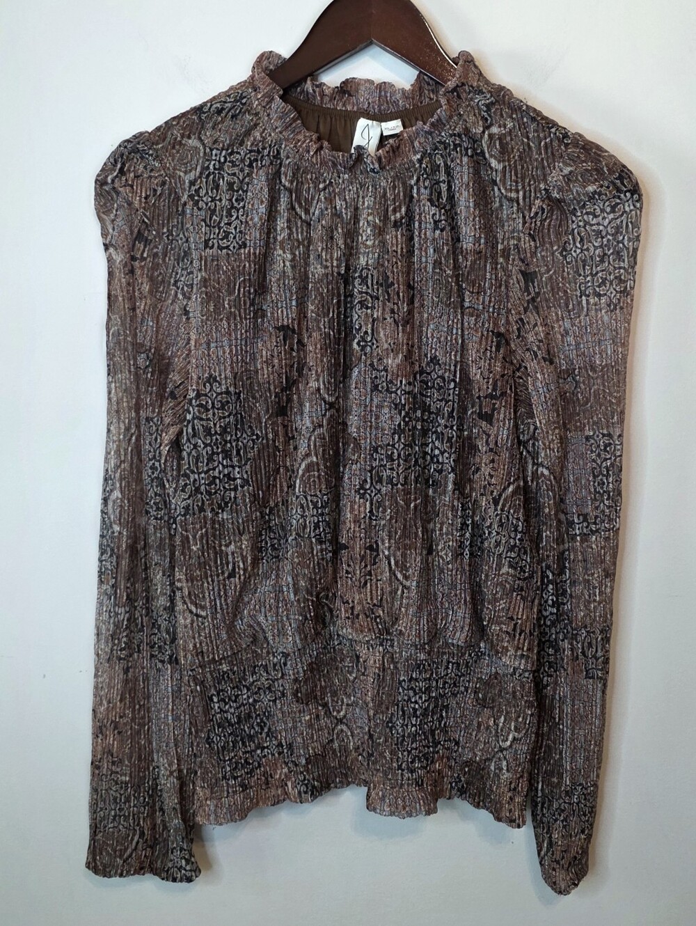 Joie Metallic Plisse Smocked Mock Neck Boho Top Paisley Brown Size XL Goblincore